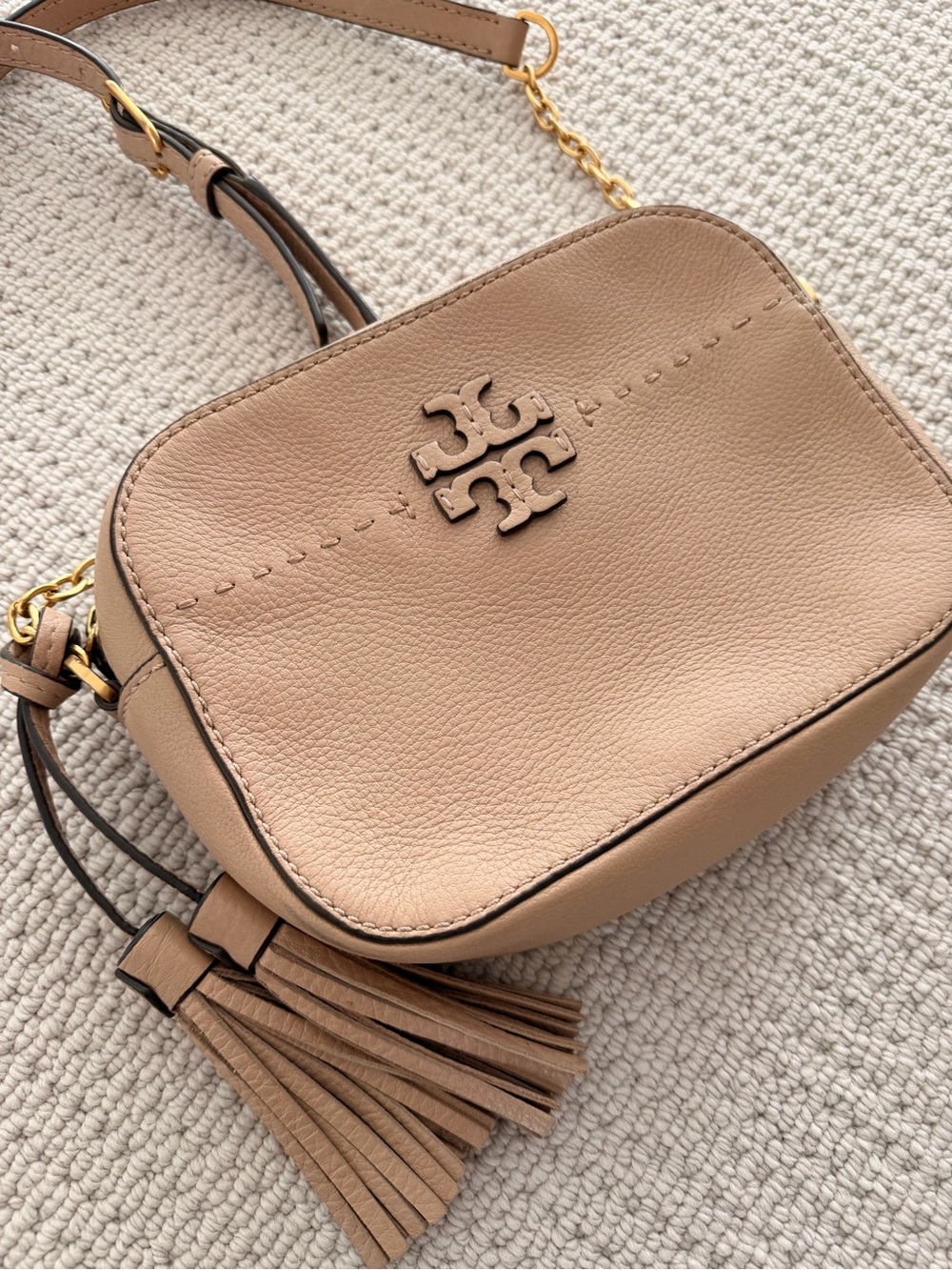 Tory Burch Taupe Leather Tassel Crossbody Bag